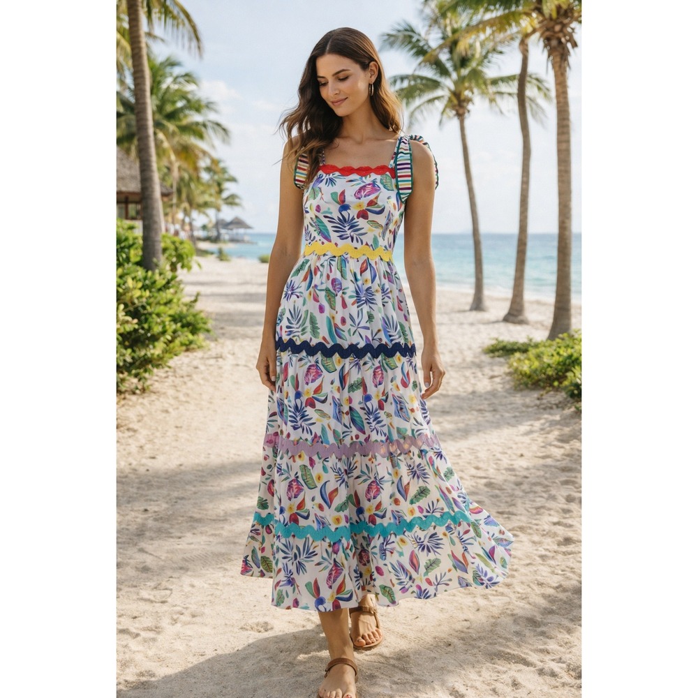 Eterna Los Angeles Satin Floral Tiered Maxi Dress Ric Rac Trim White S